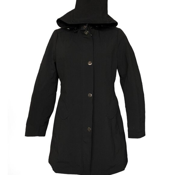 Forcaster of Boston Hooded Black Rain Coat Quilted Lining Cinched Waist M - Picture 2 of 11